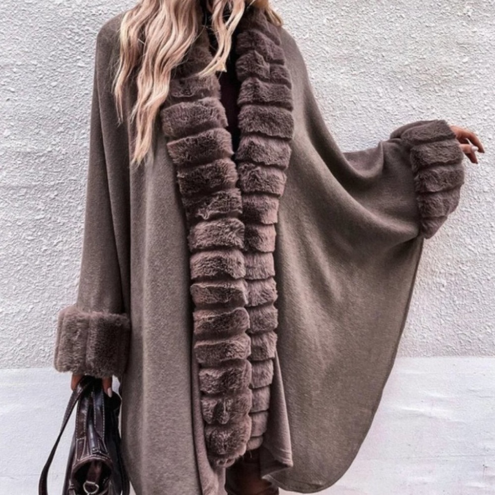 Brown fuzzy trim batwing sleeve cardigan chic elegant contemporary